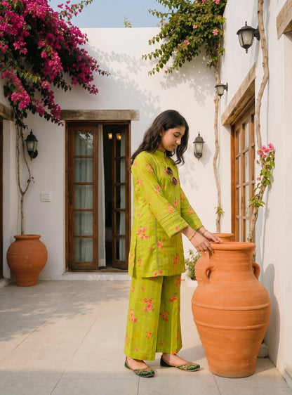 Lily lime green floral printed kurta set with lace details and wide-leg trousers worn by a woman in a courtyard.