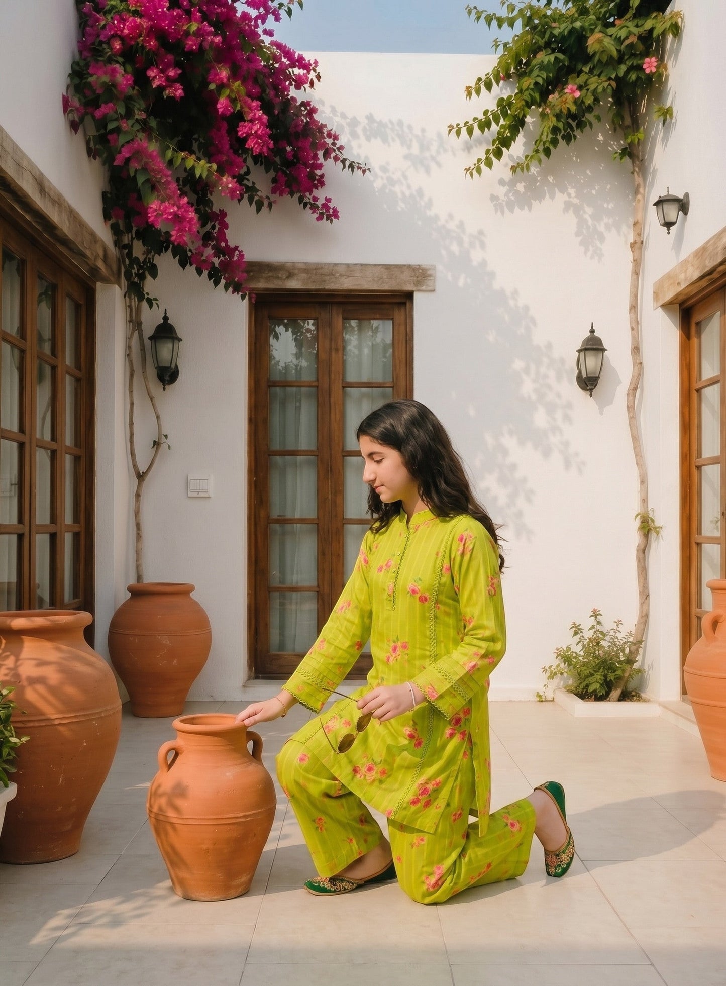 Lily lime green floral printed kurta set with lace inserts and matching trousers worn by a girl in a courtyard