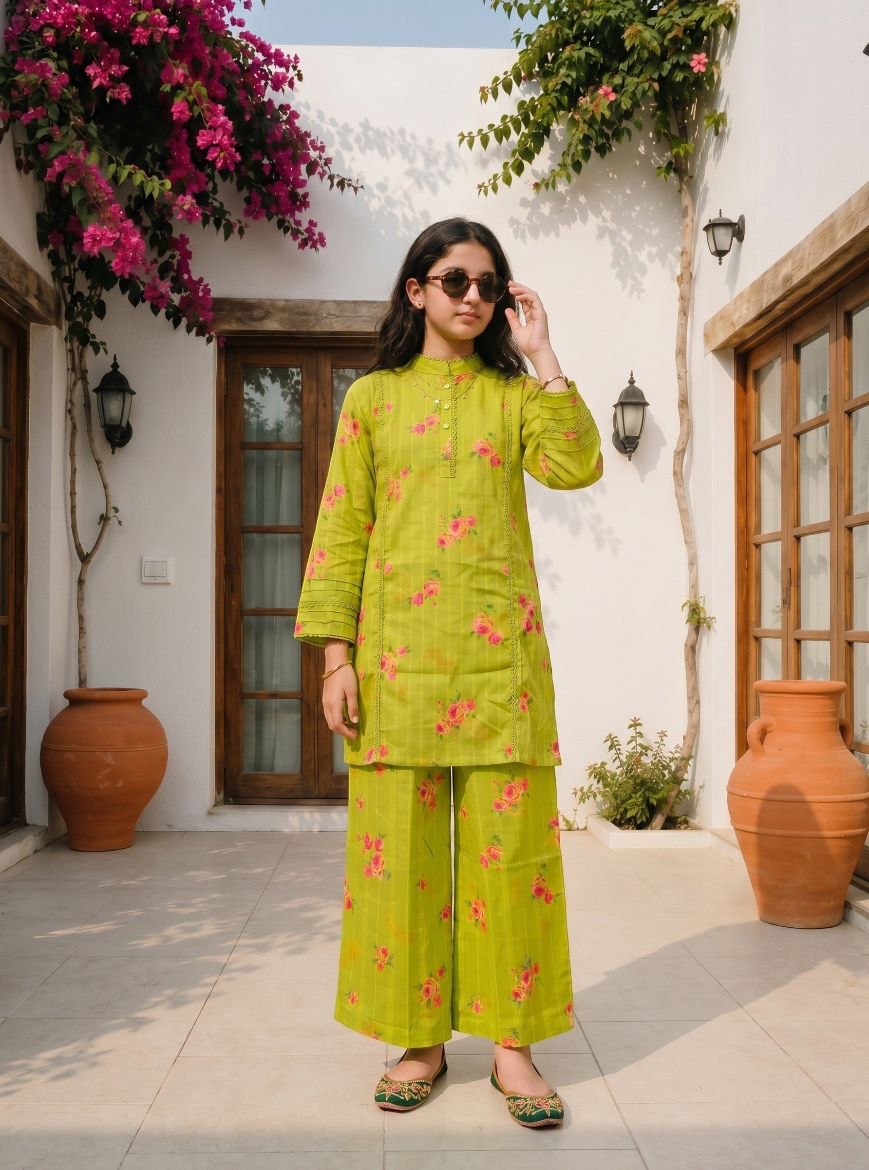 Lily lime green floral kurta set with lace inserts and wide-leg trousers worn by a girl in a sunny courtyard.