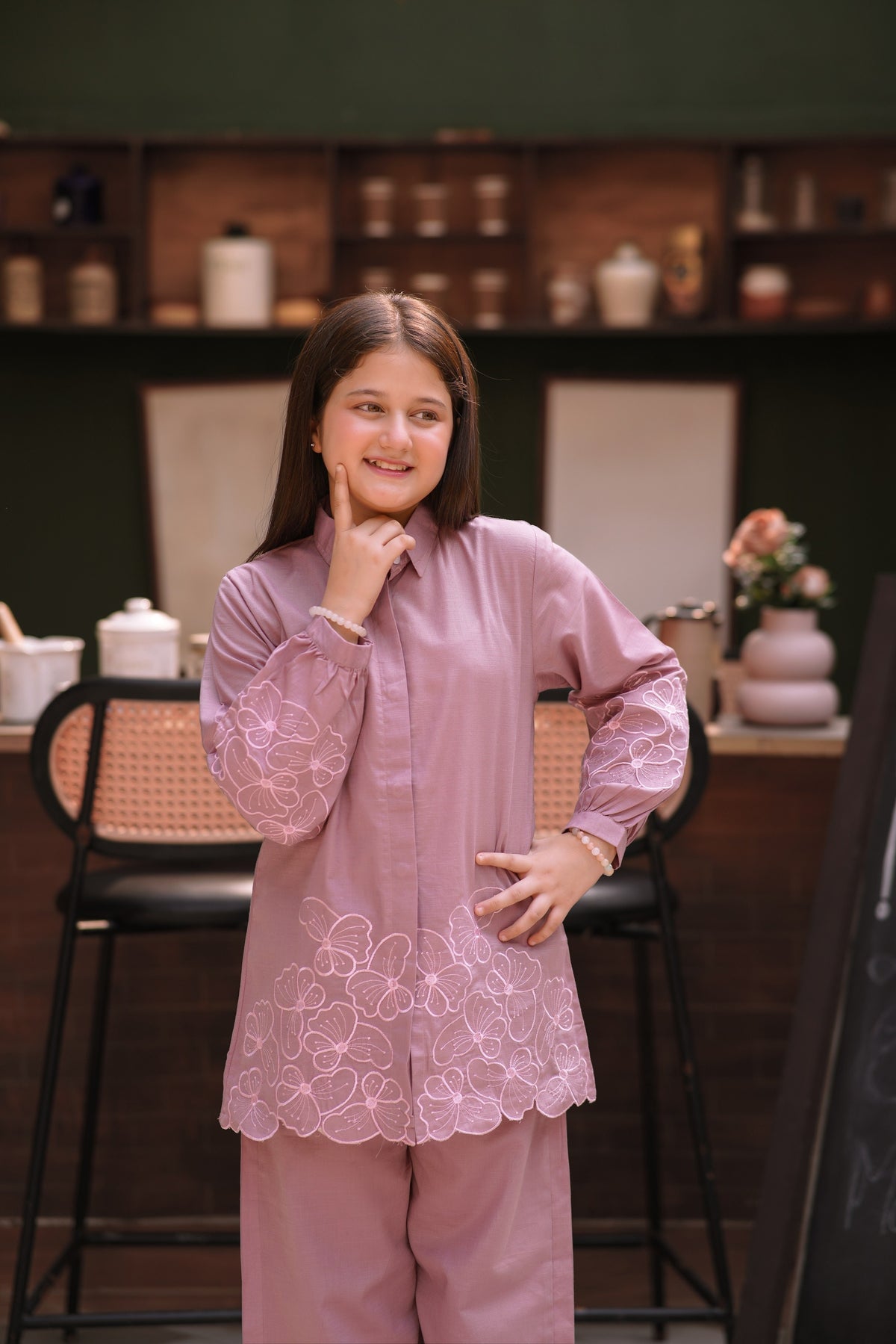 Lily girls mauve button-down shirt and trouser set with delicate floral embroidery on sleeves and hem