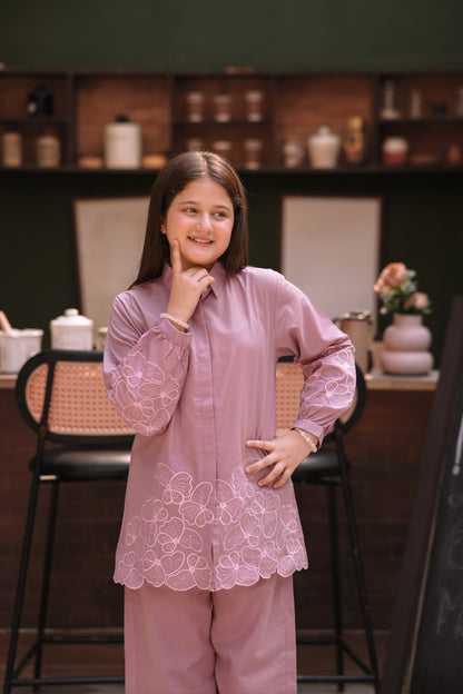 Lily girls mauve button-down shirt and trouser set with delicate floral embroidery on sleeves and hem