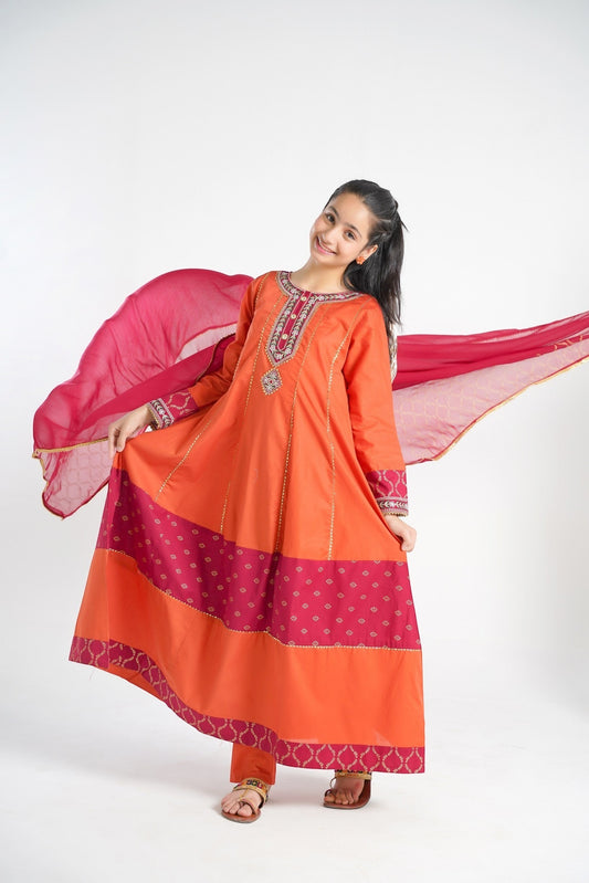 Lily orange embroidered kurta set with pants and dupatta for girls. Features gold print and maroon panels.