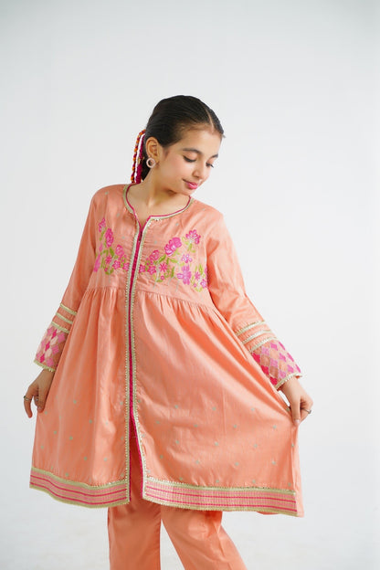 Lily peach embroidered kurta and pants set for girls, featuring floral motifs and border detailing. Lightweight fabric for comfort.