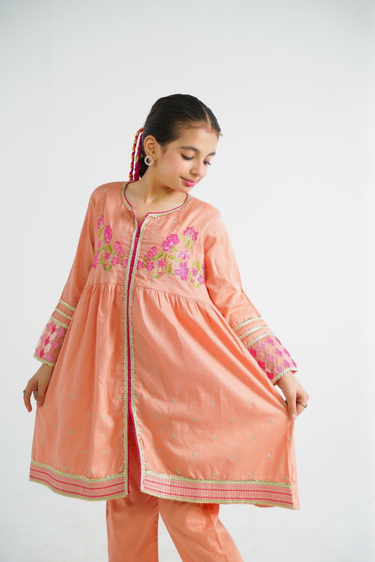 Lily peach embroidered kurta and pants set for girls, featuring floral motifs and border detailing. Lightweight fabric for comfort.