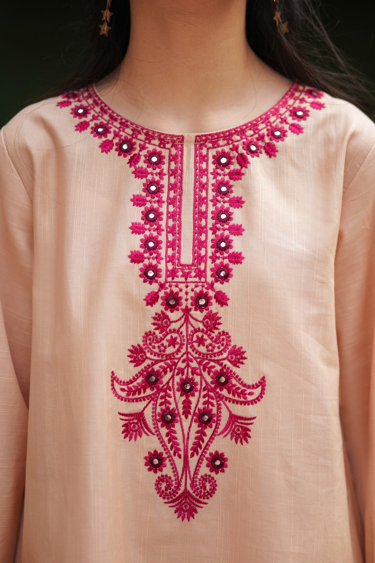 Lily girls peach kurta featuring intricate magenta floral embroidery and mirror work on the neckline