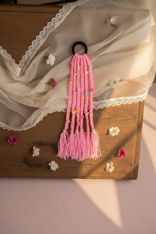 Lily braided pink yarn hair accessory with colorful beads and charms like stars and hearts, attached to a black hair tie.