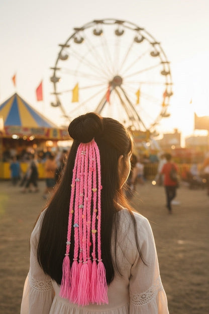 Lily braided pink yarn hair extensions with colorful beads and heart charms, attached to a woman's hair at a fair.