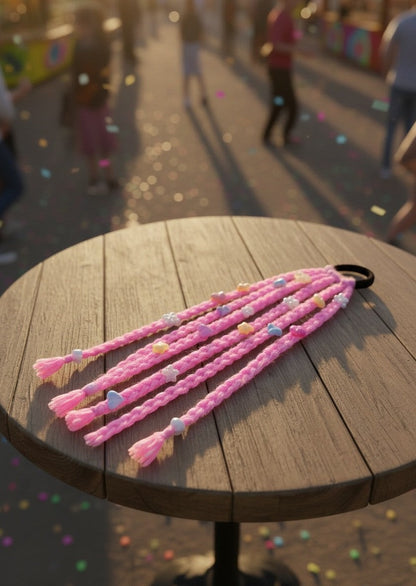 Lily pink braided hair extensions with colorful beads and star/heart charms attached to a black elastic band.