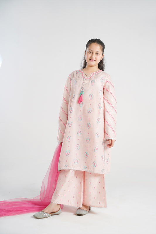 Lily pink embroidered tunic and palazzo pants set for girls, featuring teal and gold print, V-neck, silver trim, and tassels. Includes pink dupatta.