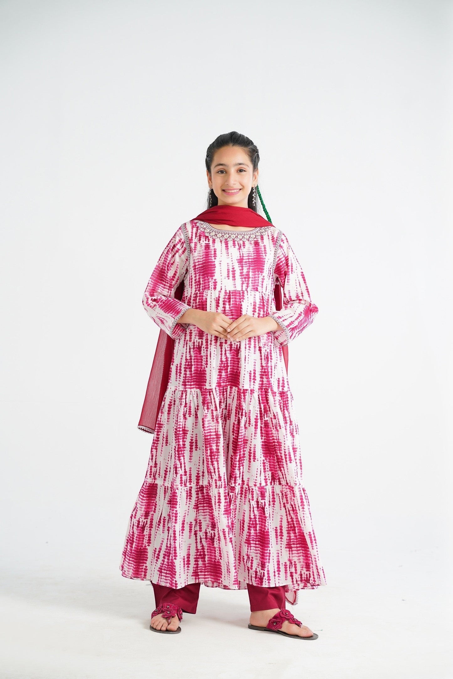 Lily tiered pink and white tie-dye cotton kurta with embroidered neckline and matching dupatta and bottoms.