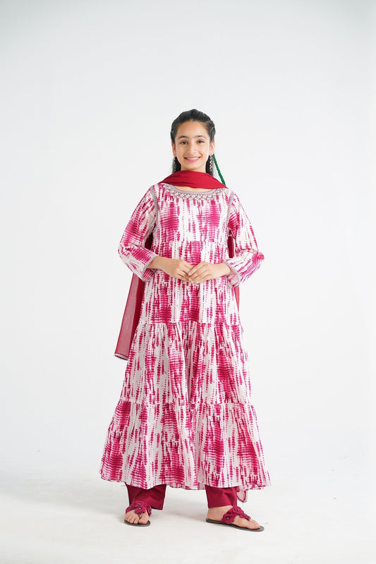 Lily tiered pink and white tie-dye cotton kurta with embroidered neckline and matching dupatta and bottoms.