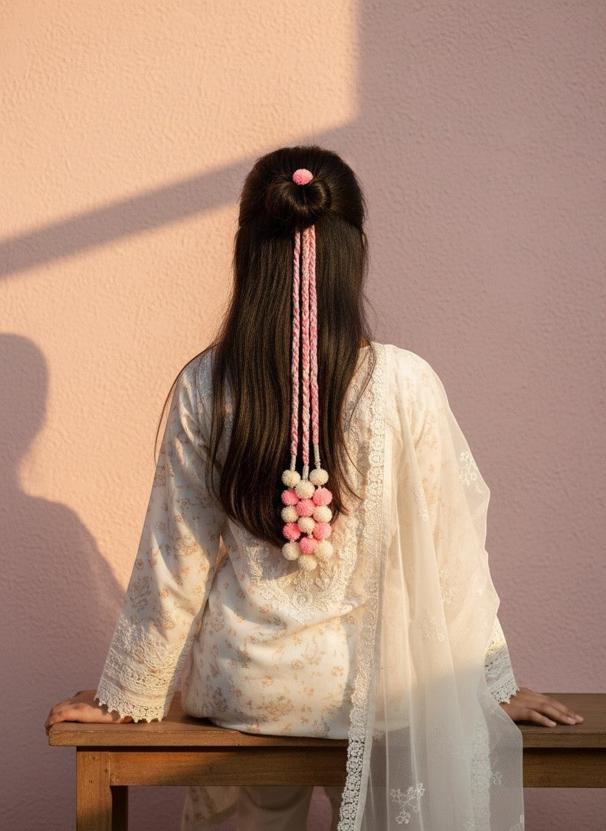 Lily pom pom tassel hair accessory in pink and cream, attached to a bun with braided cords.