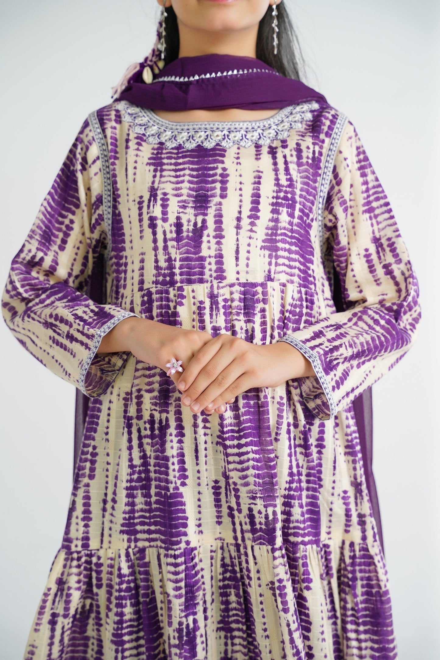 Lily tiered maxi dress in purple and cream tie-dye print. Features embroidered neckline and matching dupatta.