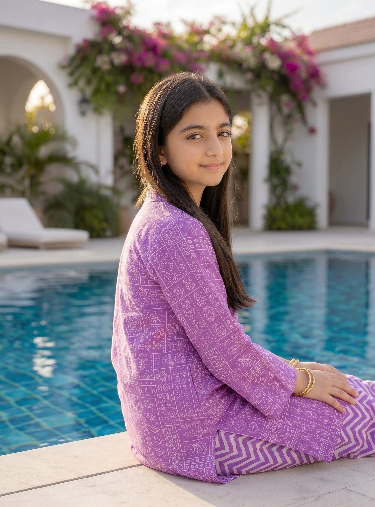 Lily girl wearing a purple block-print kurta and chevron trousers by a swimming pool.