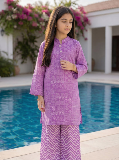 Lily girls purple block-print kurta and chevron trouser set with mandarin collar worn by a young girl outdoors