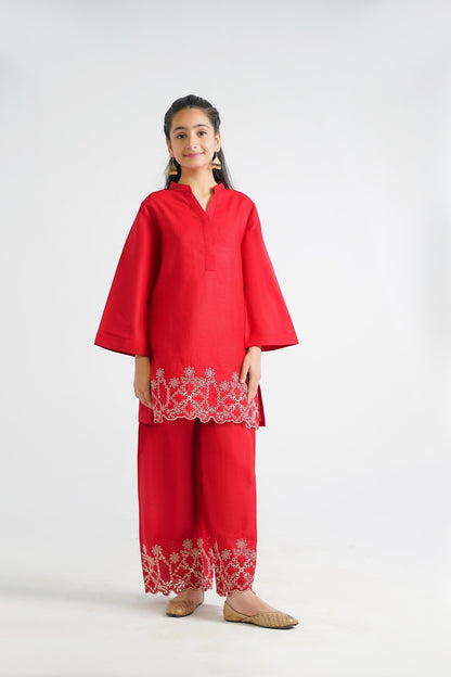 Lily red cotton kurta and palazzo set with floral embroidery on hem and bell sleeves.