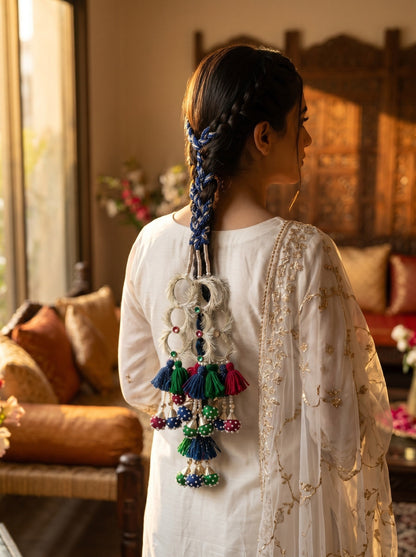 Lily Ruby Heer Paranda featuring a blue braided cord, silver mirror accents, and multi-colored tassel pom-poms.