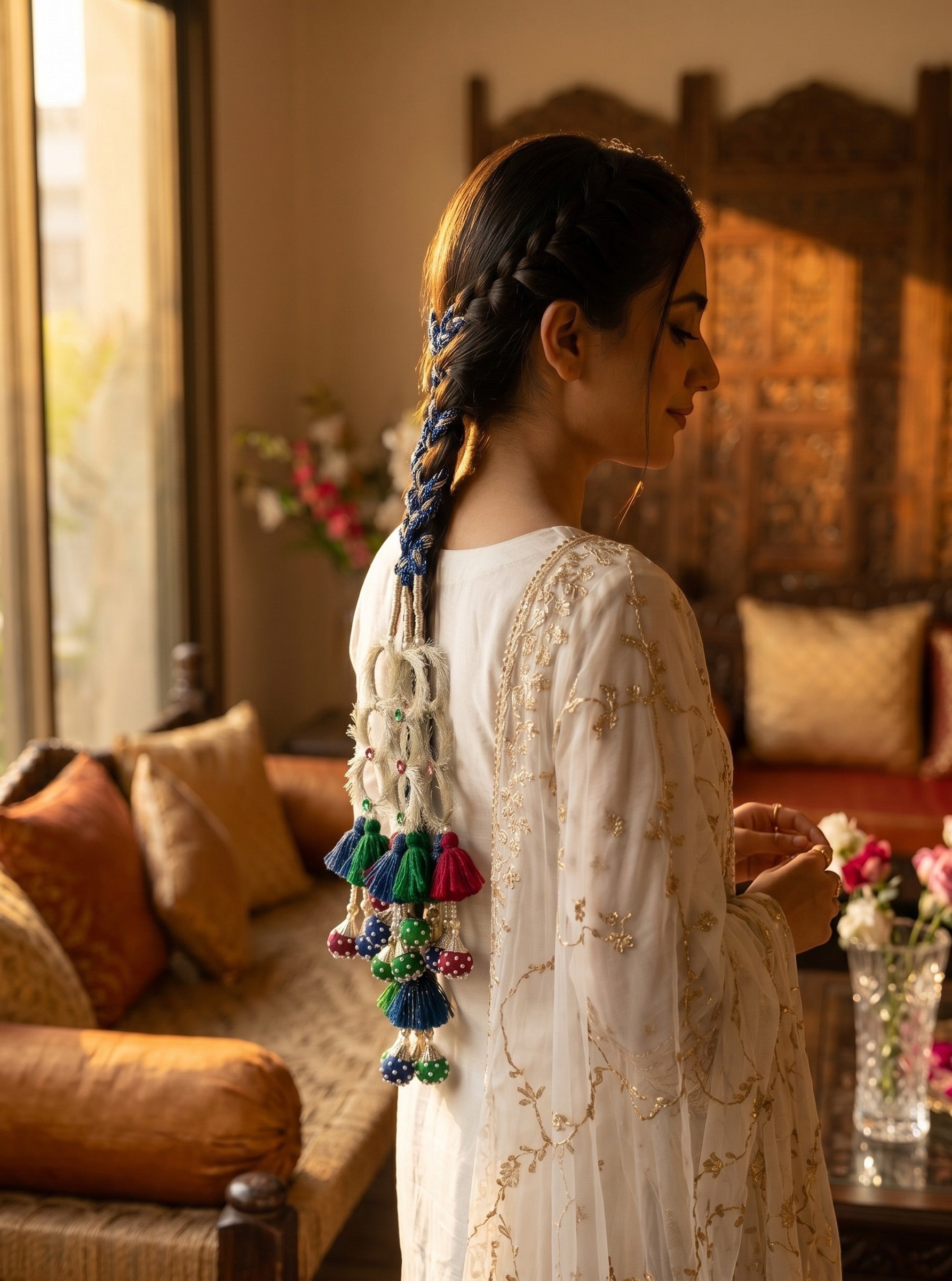 Lily Ruby Heer Paranda featuring a blue braided cord, mirror-work accents, and colorful tassels with pearl pom-poms.