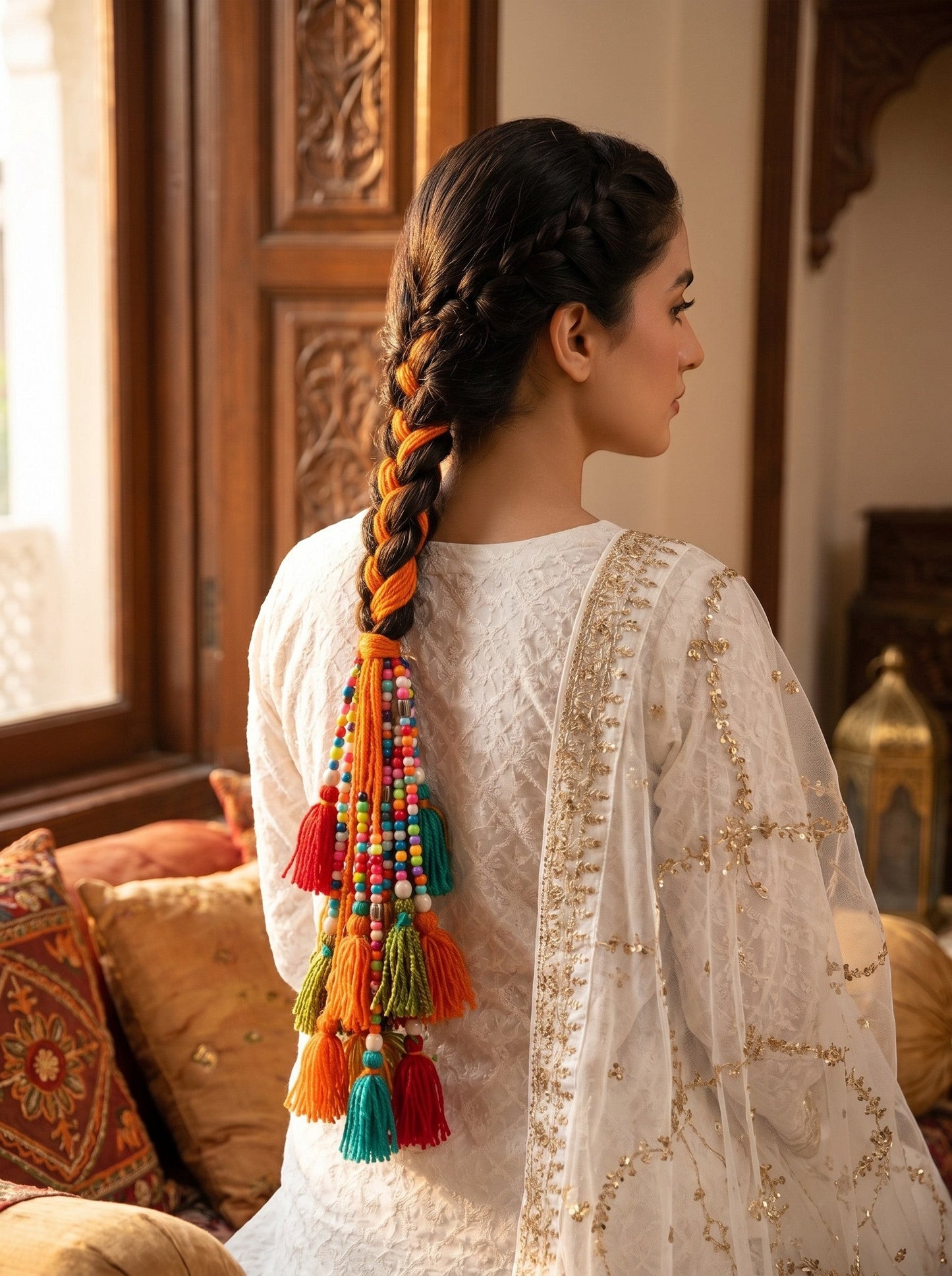 Lily Satrangi Beads Paranda featuring vibrant multi-colored beads and yarn tassels woven into a woman's braided hair.