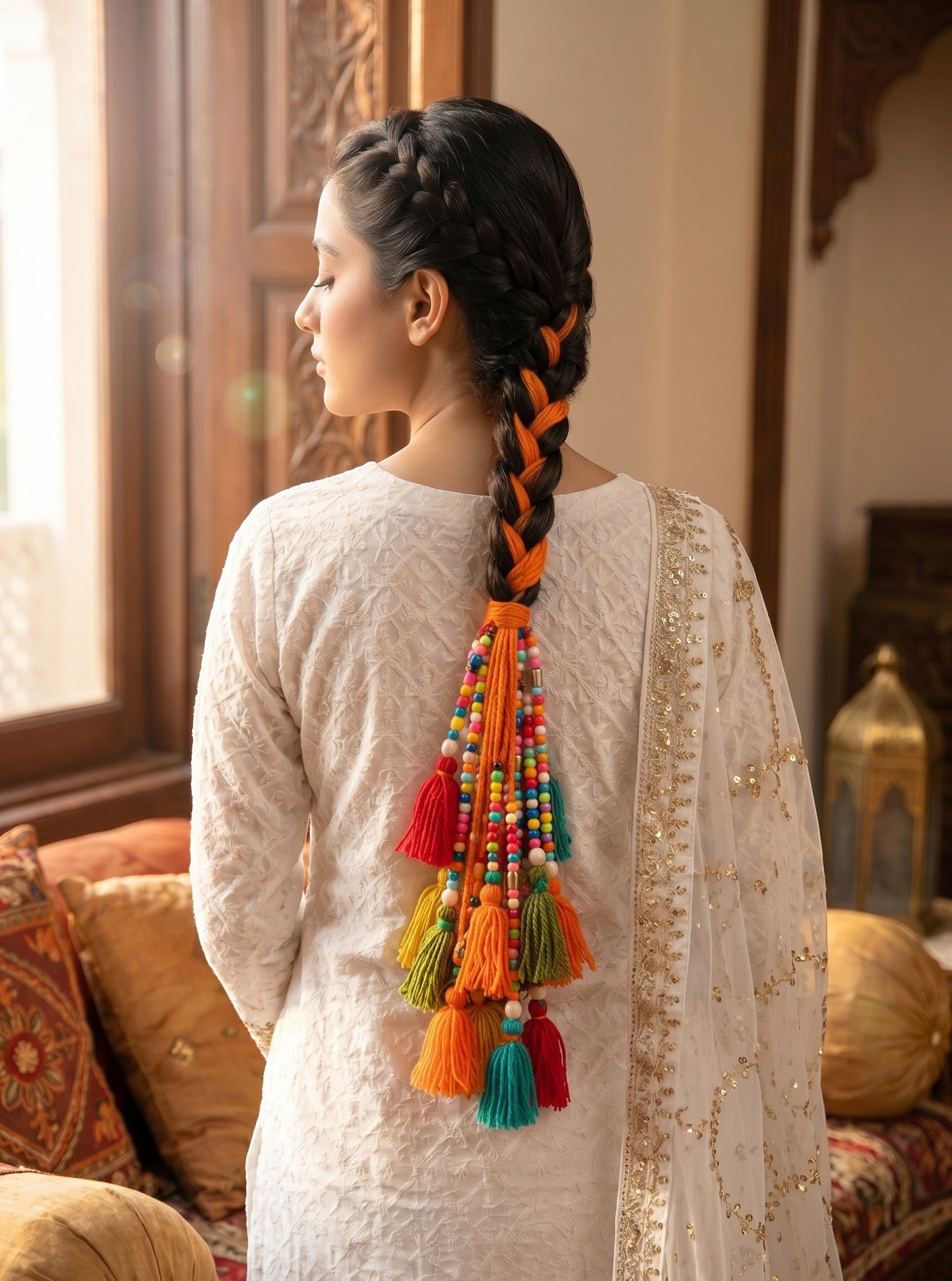 Lily Satrangi Beads Paranda featuring vibrant multi-colored beads and yarn tassels braided into a woman's hair