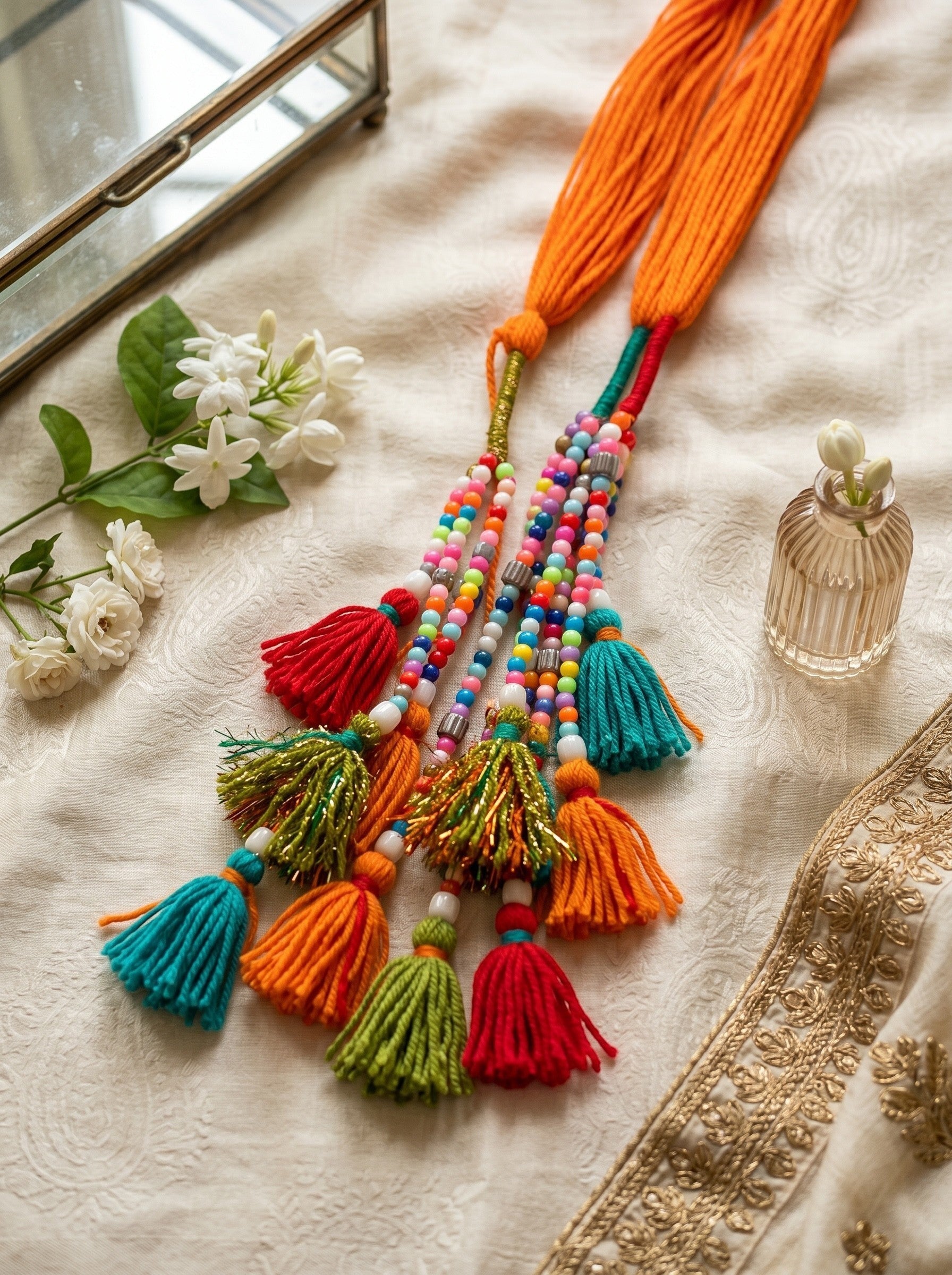 Lily Satrangi Beads Paranda hair accessory with orange yarn, multi-colored beads, and vibrant tassels on fabric.