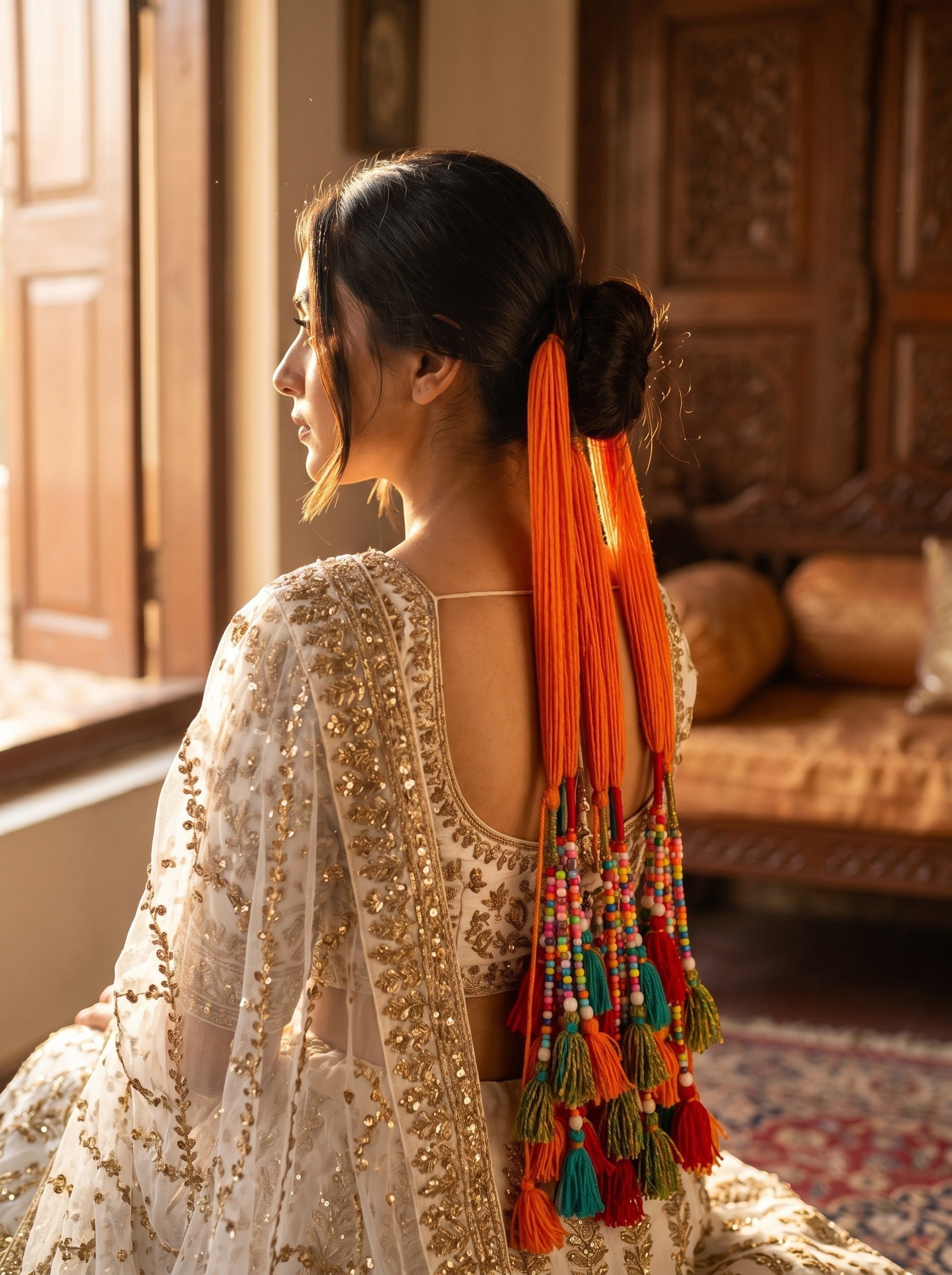 Lily Satrangi Beads Paranda hair accessory with orange yarn, multi-colored beads, and tassels worn in a braid