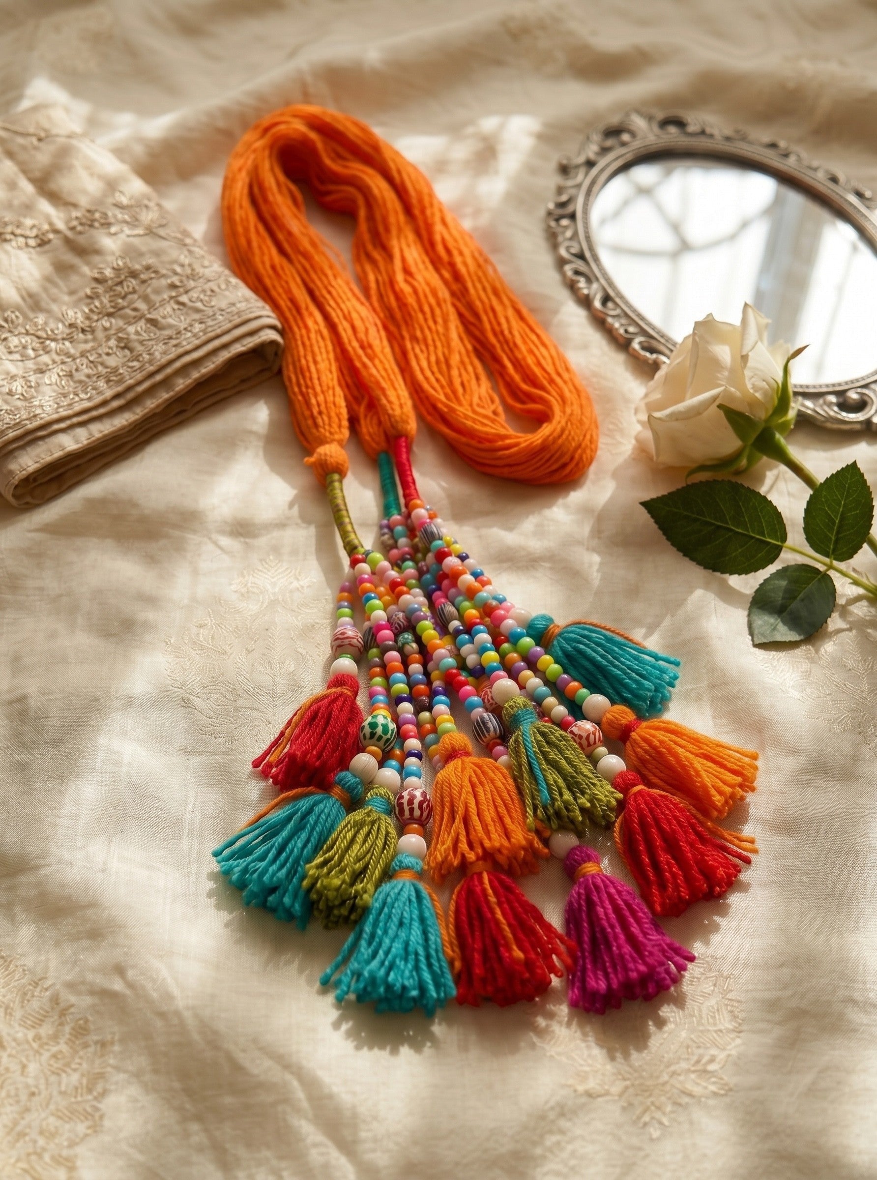 Lily Satrangi Beads Paranda featuring a vibrant orange yarn base with multi-colored beads and festive tassels.