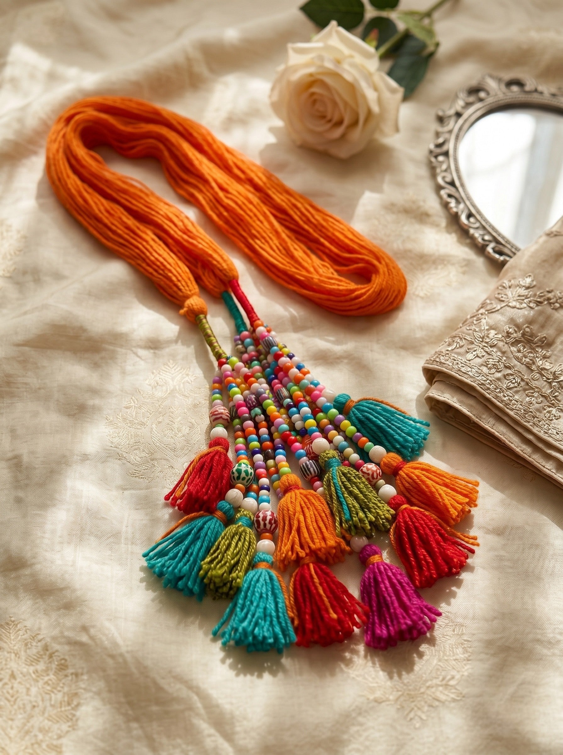 Lily Satrangi Beads Paranda featuring a vibrant orange yarn base with multi-colored beads and festive tassels.