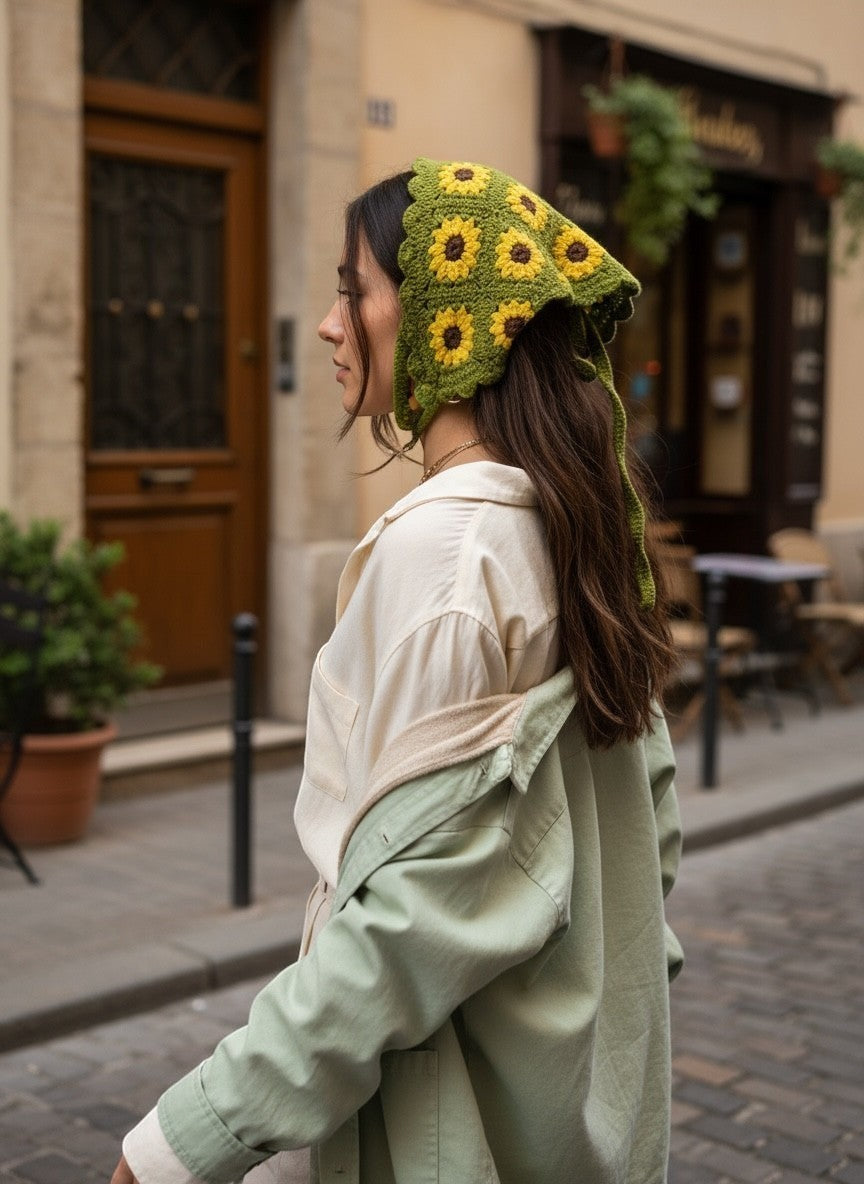 Lily sunflower crochet hair bandana in green and yellow worn by a woman on a city street