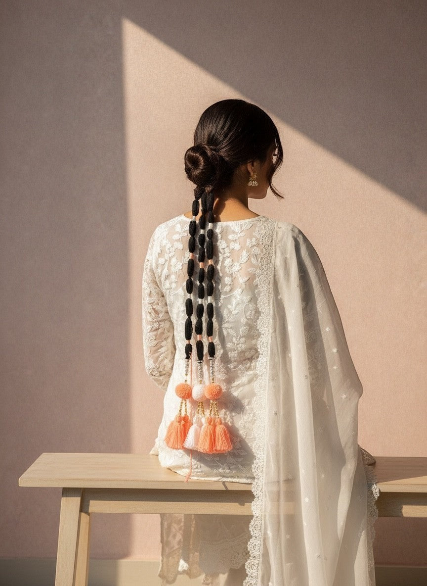 Lily handcrafted coral, white, and black tassel hair accessory with pom-poms and gold beads woven into a braid.