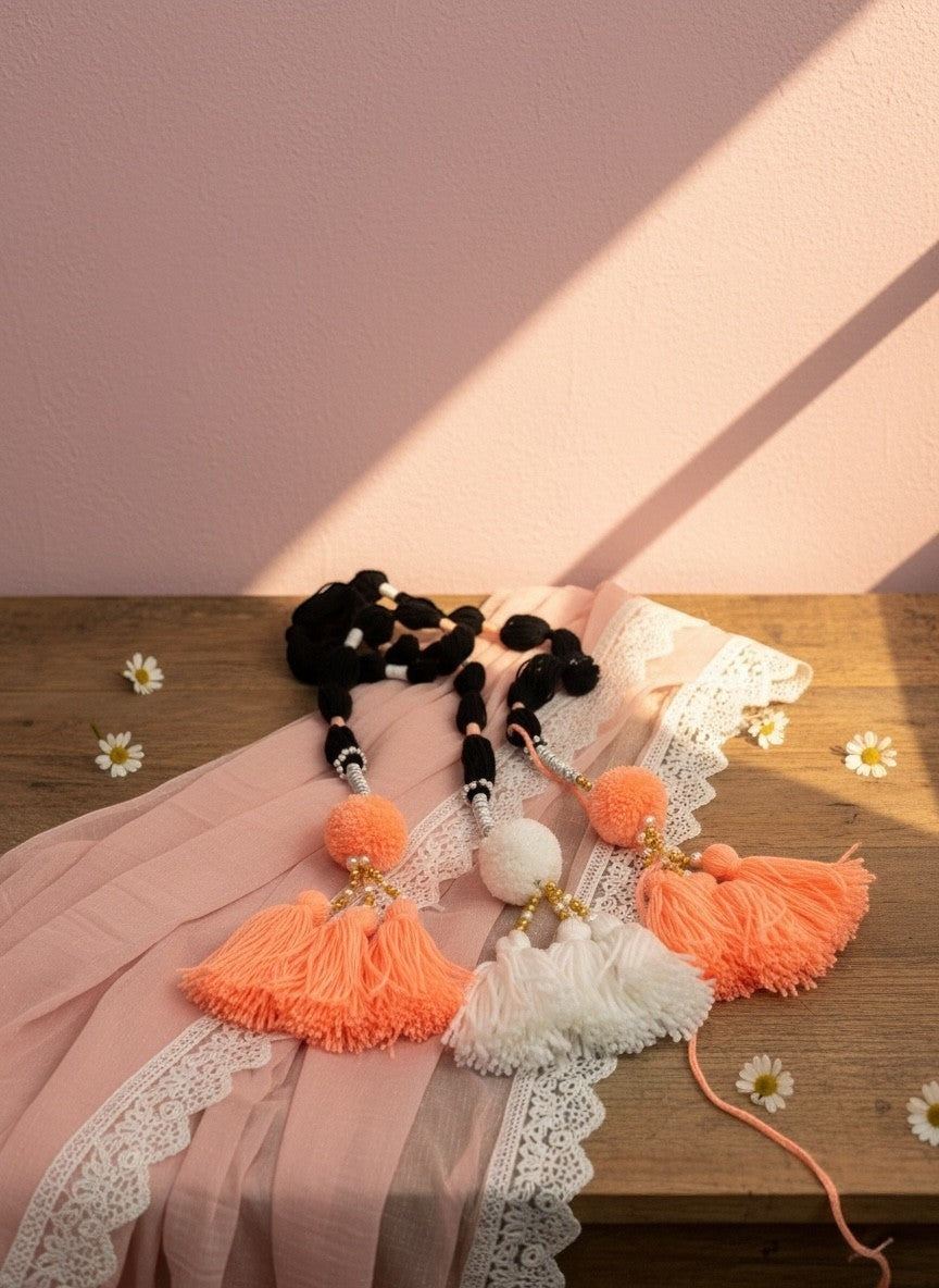 Lily handcrafted coral, white, and black yarn tassel hair accessories with pom-poms and gold beads.