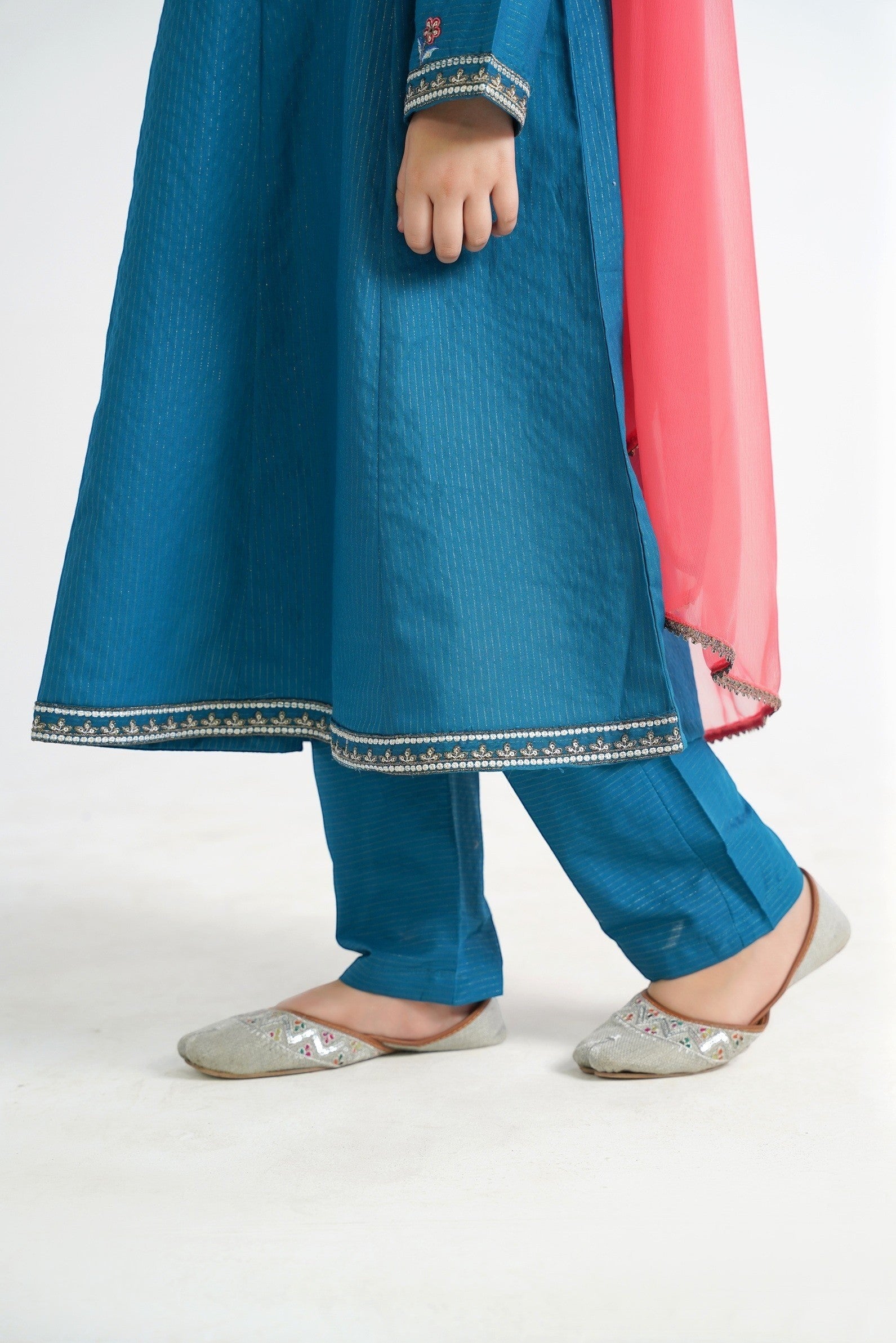 Lily teal embroidered Anarkali suit set for girls with coral dupatta and matching pants. Flared kurta with floral embroidery.