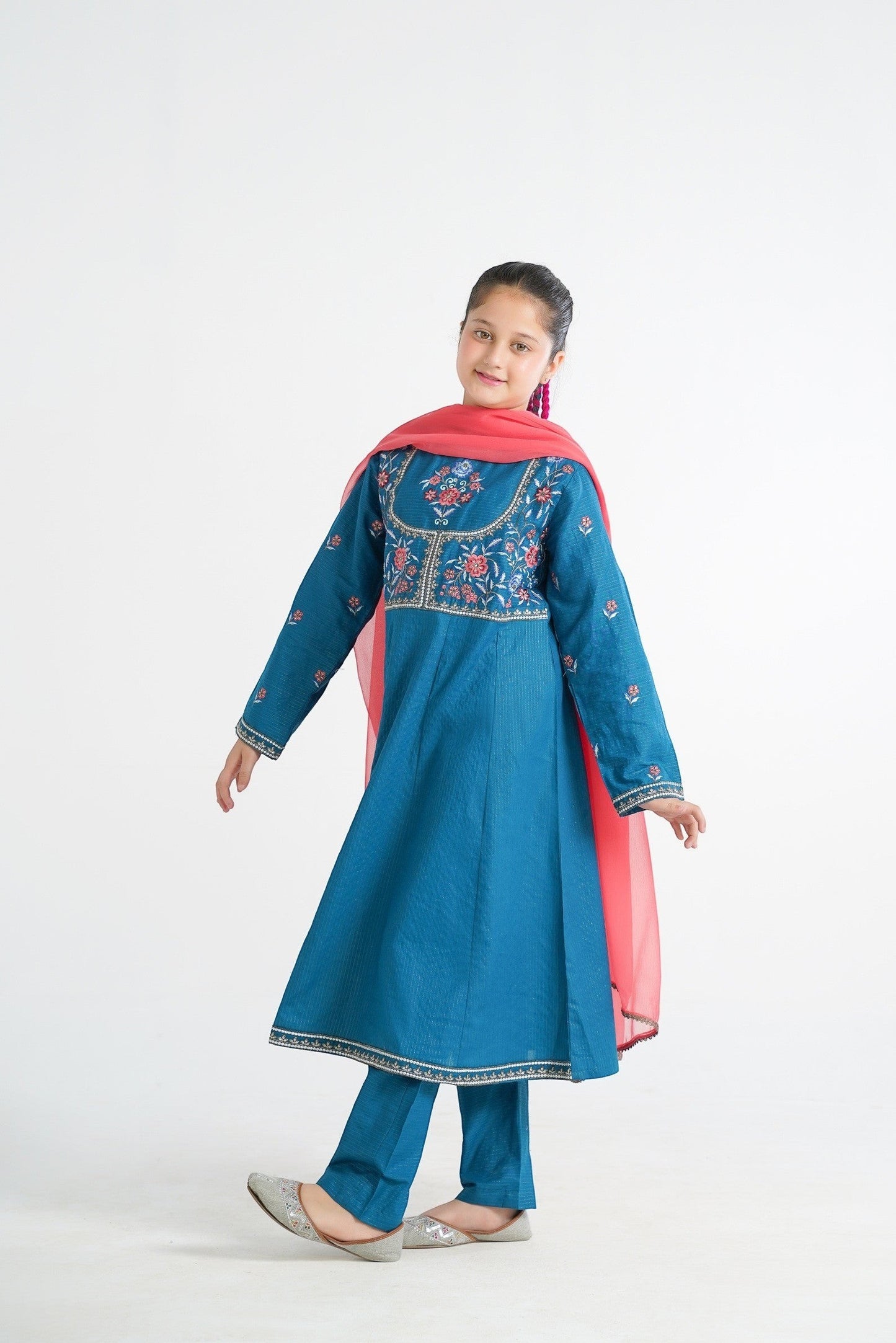 Lily teal embroidered Anarkali suit set for girls with coral dupatta. Flared kurta with floral embroidery on yoke and sleeves.