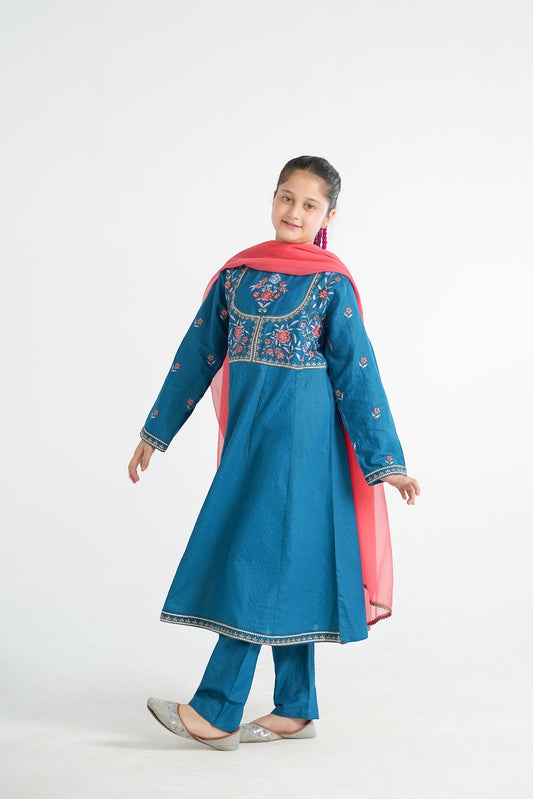 Lily teal embroidered Anarkali suit set for girls with coral dupatta. Flared kurta with floral embroidery on yoke and sleeves.