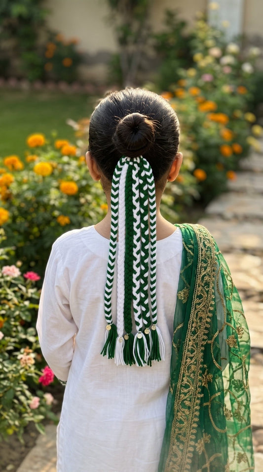 Lily Watan Love braided hair accessory in green and white yarn with metallic charms worn in a high bun