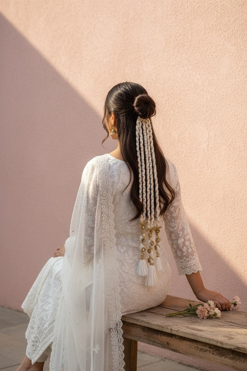 Lily white gold mirror braids hair accessory with cream cords, gold embellishments, and white tassels attached to a bun.