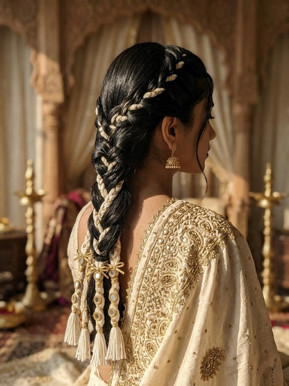 Lily White Gold Mirror Braids hair accessory with cream cords, gold embellishments, and white tassels. Features a detailed braid with mirrored accents.