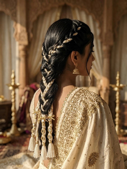Lily White Gold Mirror Braids hair accessory with cream cords, gold embellishments, and white tassels. Features a detailed braid with mirrored accents.