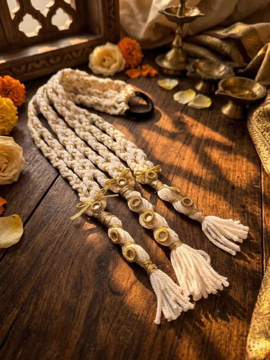 Lily white gold mirror braids with cream tassels and gold embellishments, bohemian hair accessory.