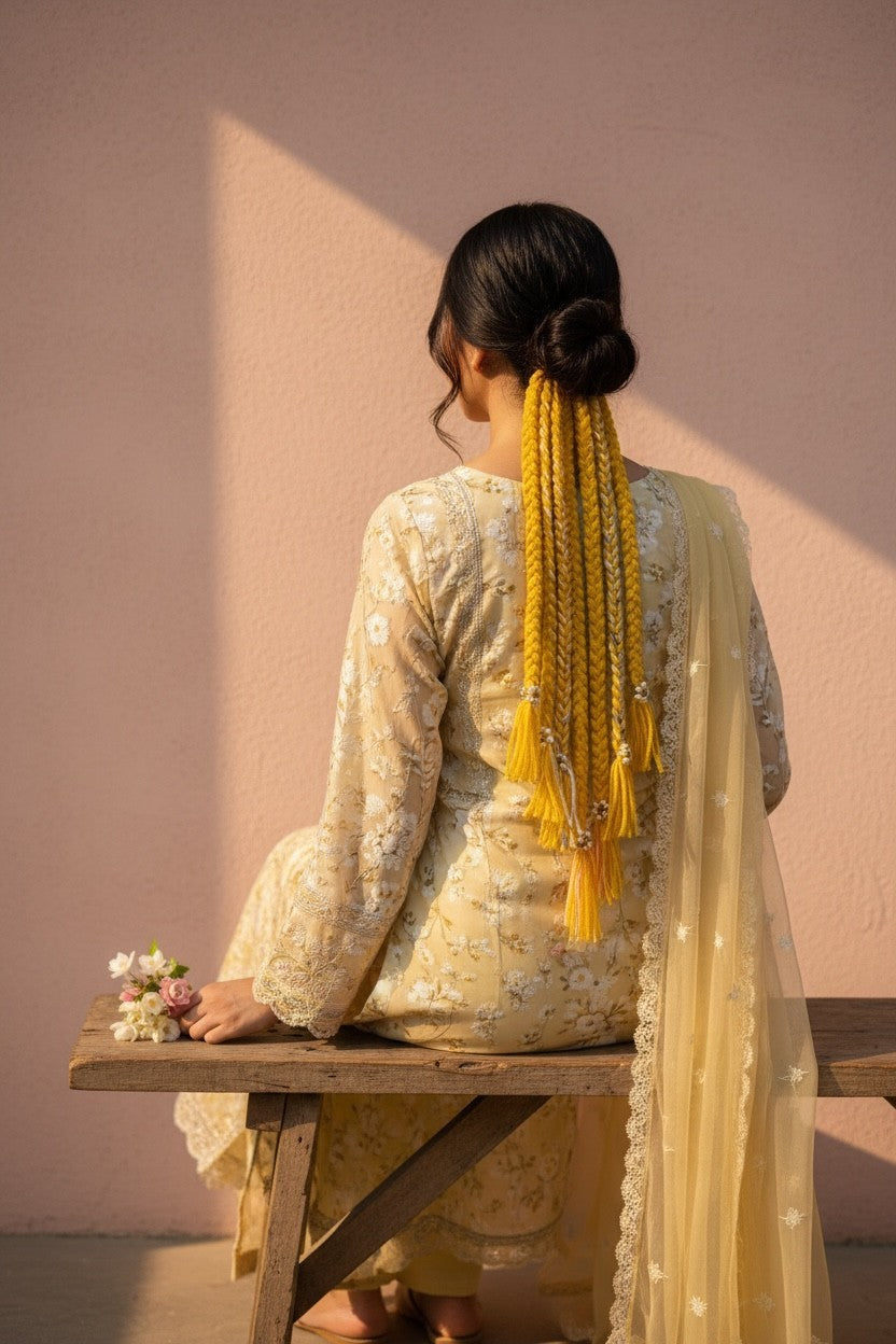 Lily braided yellow yarn hair accessory with tassels and beads attached to a bun, styled with a floral print outfit.