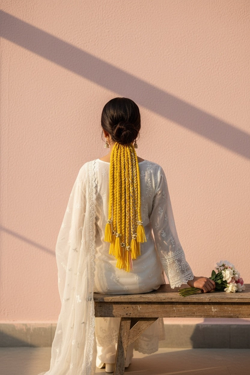 Lily braided hair accessory in sunny yellow yarn with tassels and beads, attached to a bun.