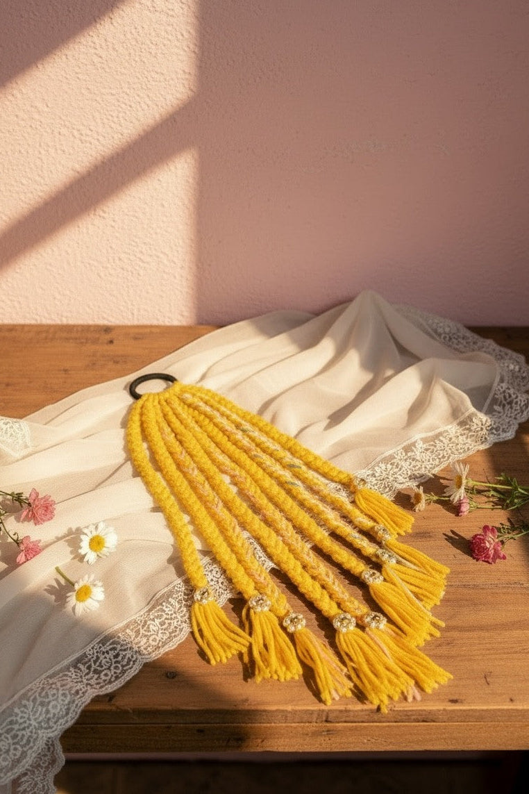 Lily yellow braided hair accessory with tassels and bead embellishments, bohemian style