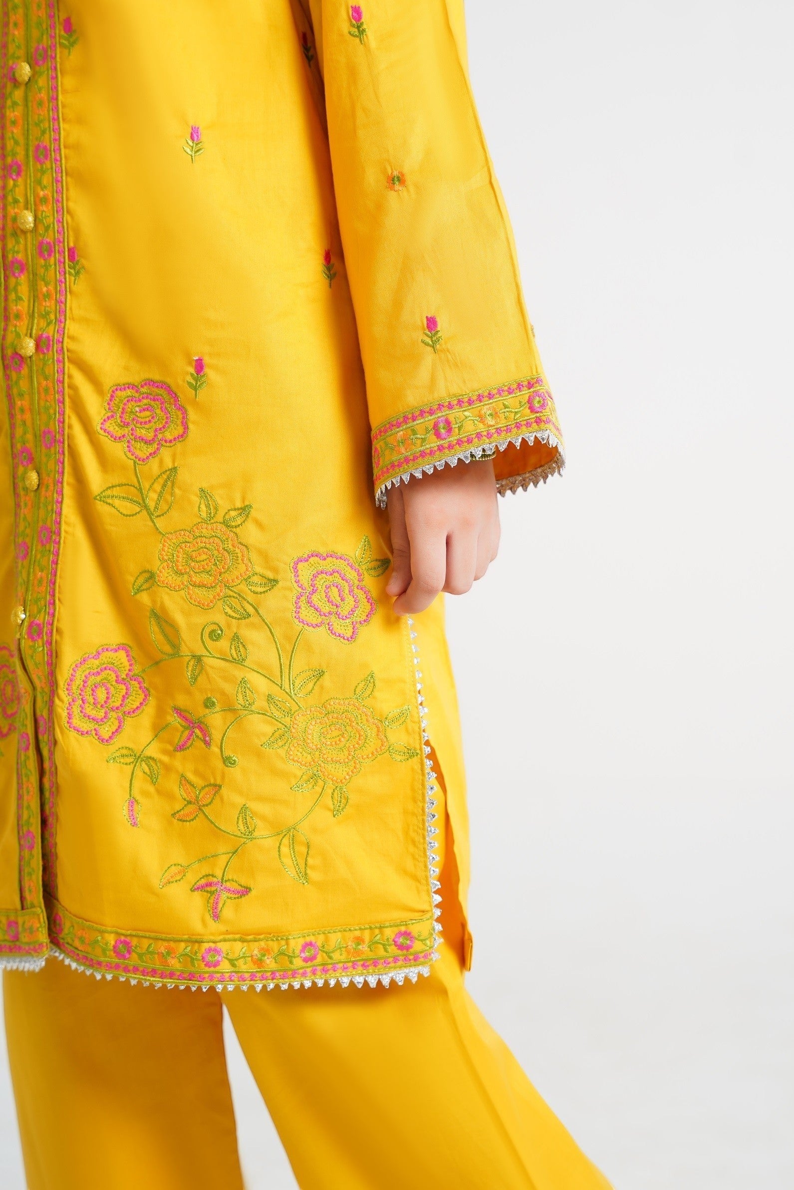 Lily yellow embroidered kurta with floral motifs, pink and green accents, and matching palazzo pants.