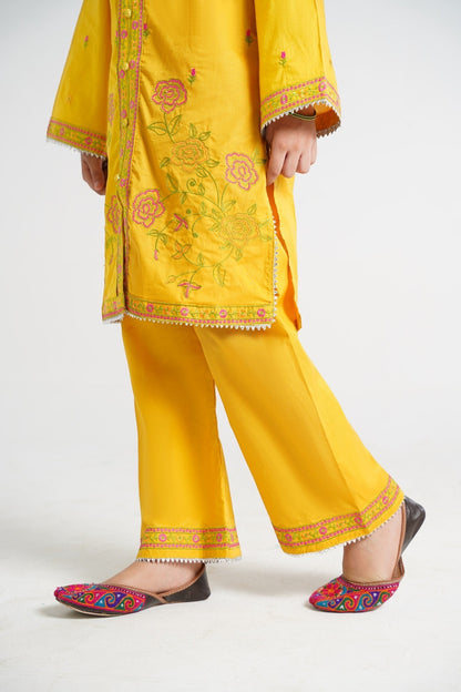 Lily yellow embroidered kurta with floral motifs, pink and green embroidery, matching palazzo pants and dupatta for girls.