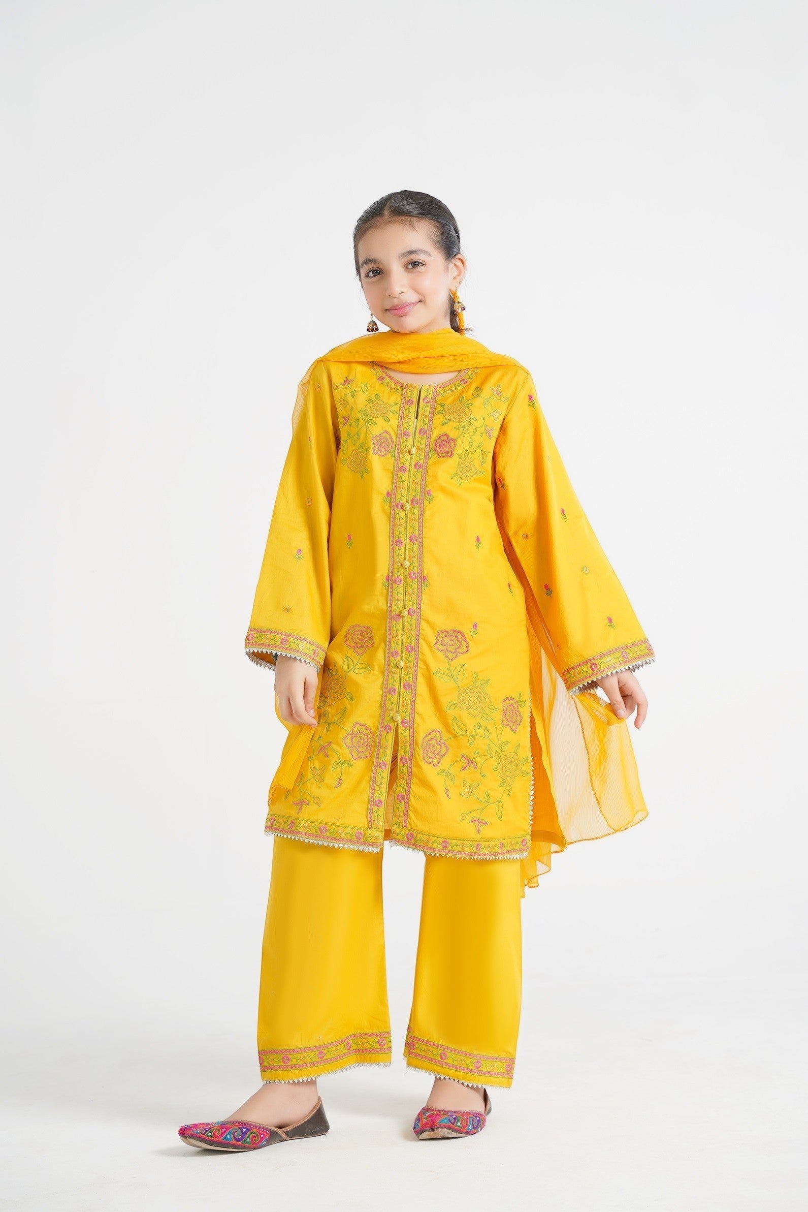 Lily yellow embroidered kurta set for girls with floral motifs, palazzo pants, and sheer dupatta.