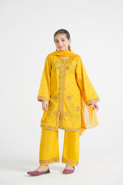 Lily yellow embroidered kurta set for girls with floral motifs, palazzo pants, and sheer dupatta.