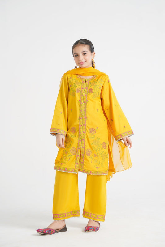 Lily yellow embroidered kurta set for girls with floral motifs, palazzo pants, and sheer dupatta.