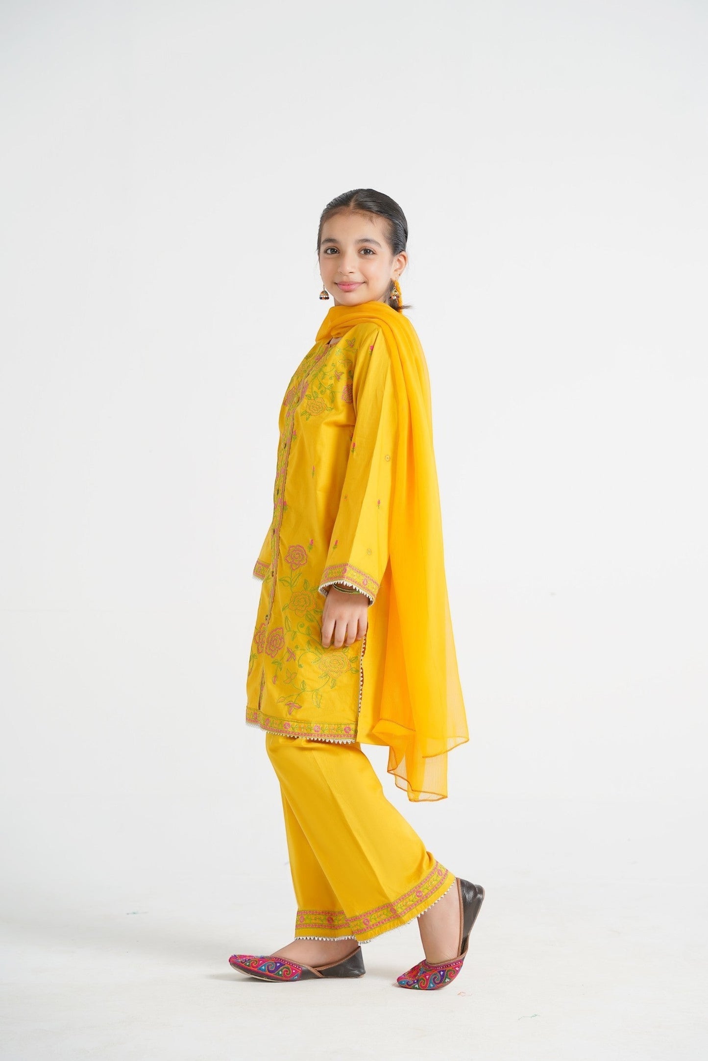 Lily yellow embroidered kurta set for girls with palazzo pants and dupatta, featuring floral motifs and traditional Indian style.