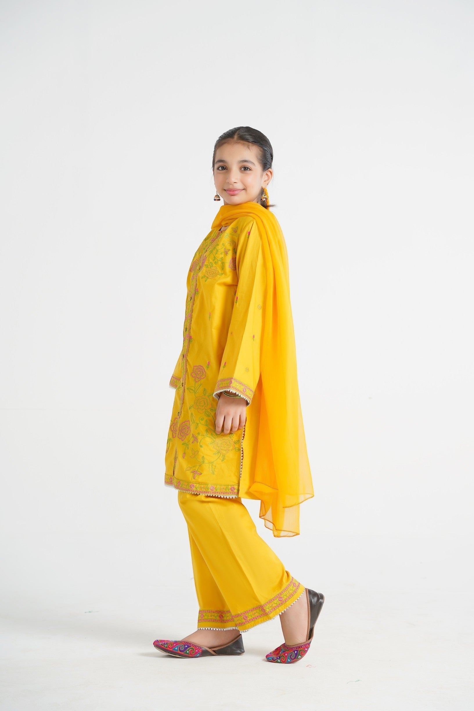 Lily yellow embroidered kurta set for girls with palazzo pants and dupatta, featuring floral motifs and traditional Indian style.