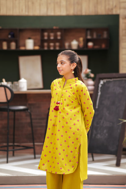 Lily girls yellow kurta and trouser set with pink geometric embroidery, mandarin collar, and tassel detail.